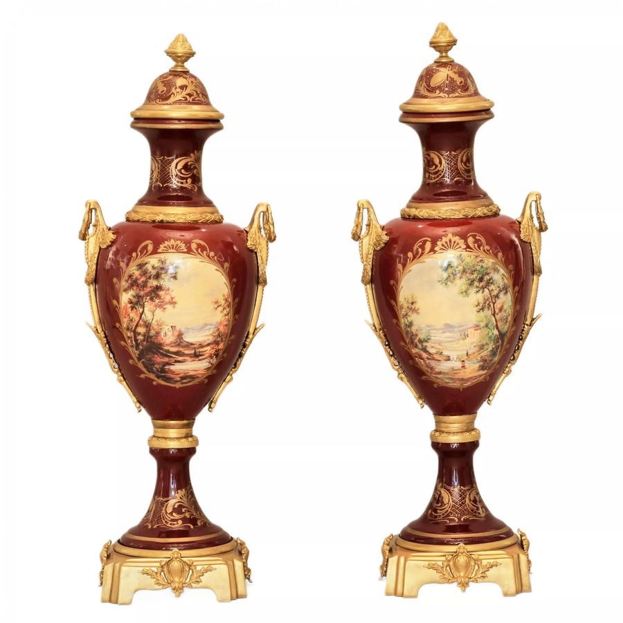 Antique Pair of porcelain floor vases with gilt bronze in the Louis XVI style. France. 1920 th century.