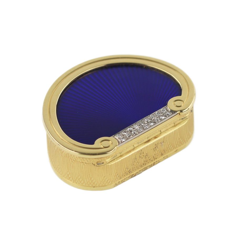 Antique 19th century English gold pill box with diamonds and guilloché enamel.