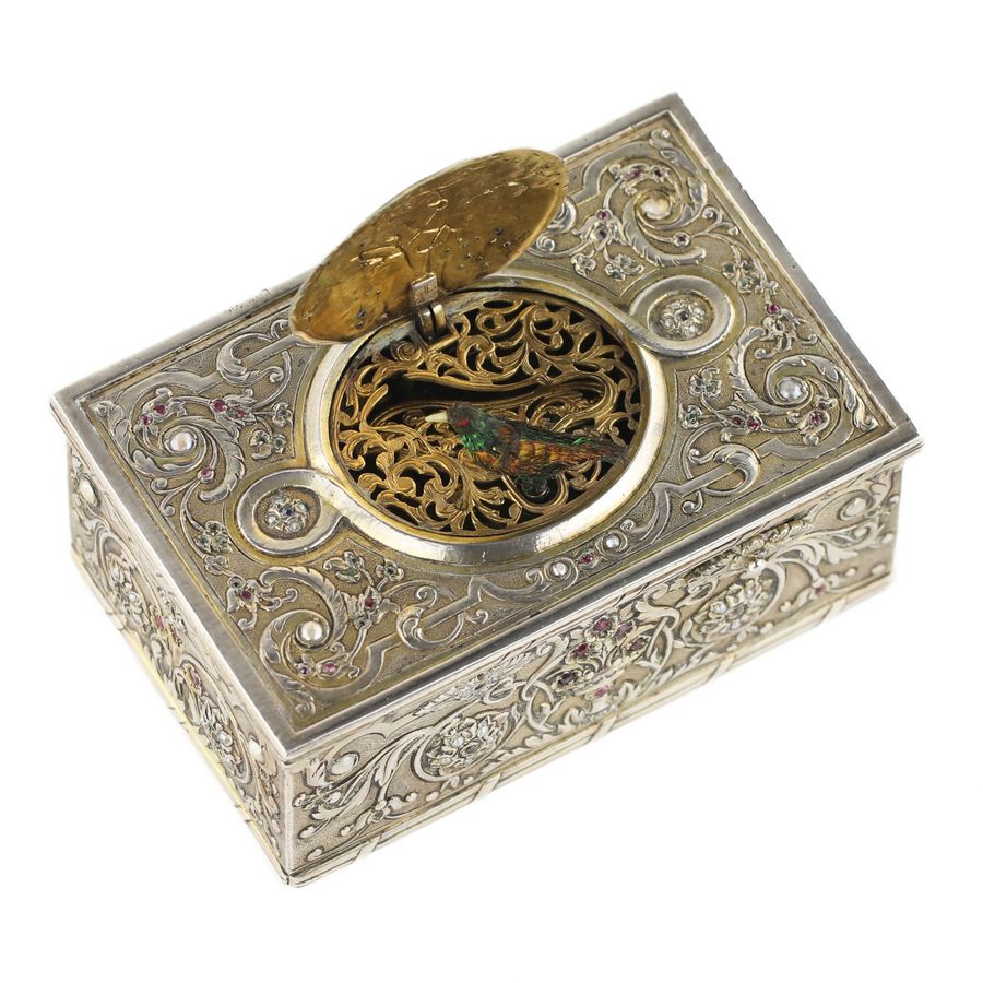 Antique Silver music box with gilding and stones with a singing bird. Karl Griesbaum. 1930s.