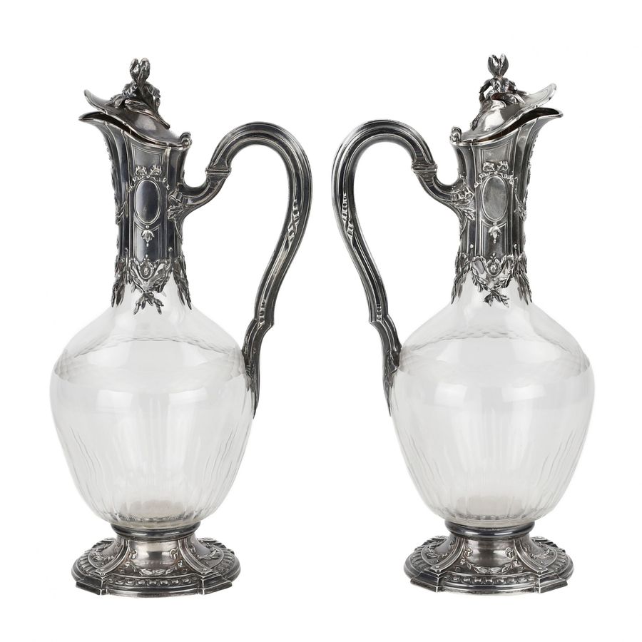 Antique Pair of French glass wine jugs in silver. 19th century.