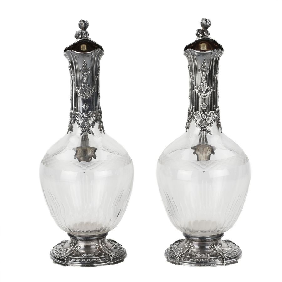 Antique Pair of French glass wine jugs in silver. 19th century.