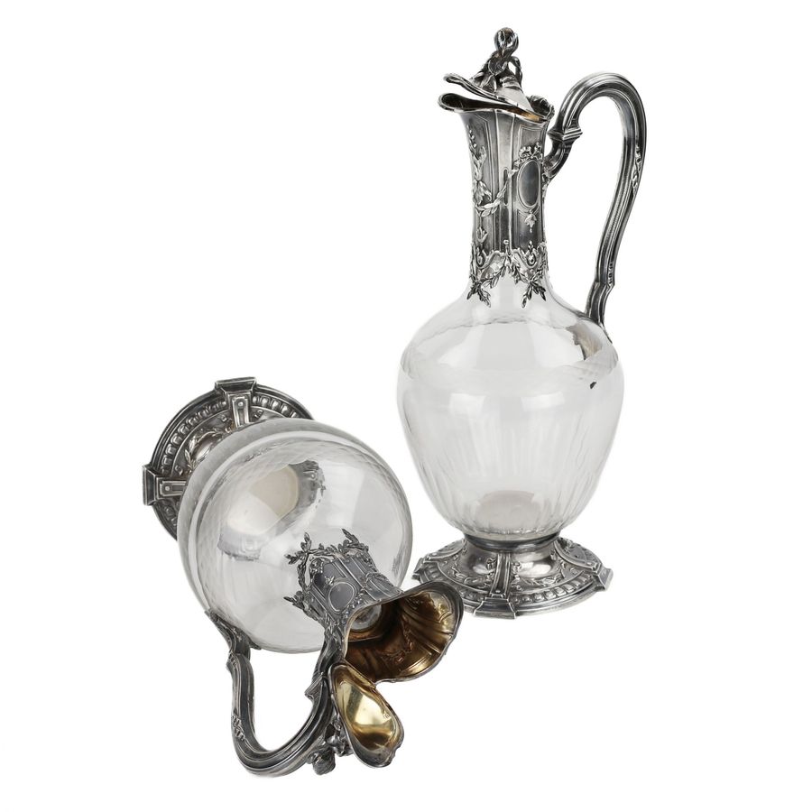 Antique Pair of French glass wine jugs in silver. 19th century.