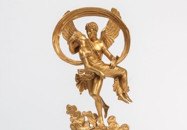 Antique Restoration Period Bronze Clock Representing Eros And Psyche