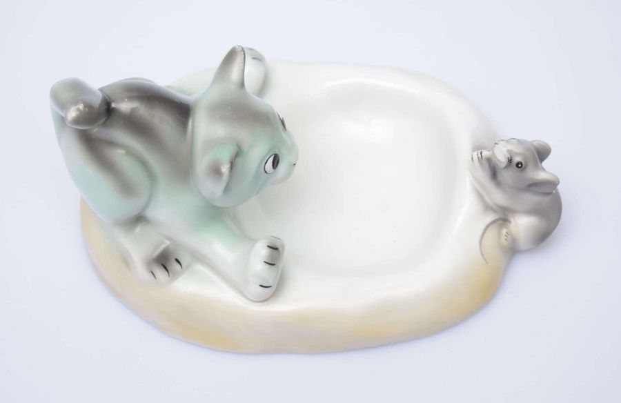 Antique Porcelain ashtray Cat and mouse