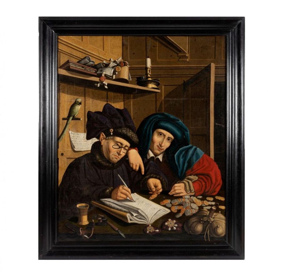 Antique Painting. Tax collectors or Publicans. Follower of Marinus van Reymerswaele. Turn of the 17th18th century.