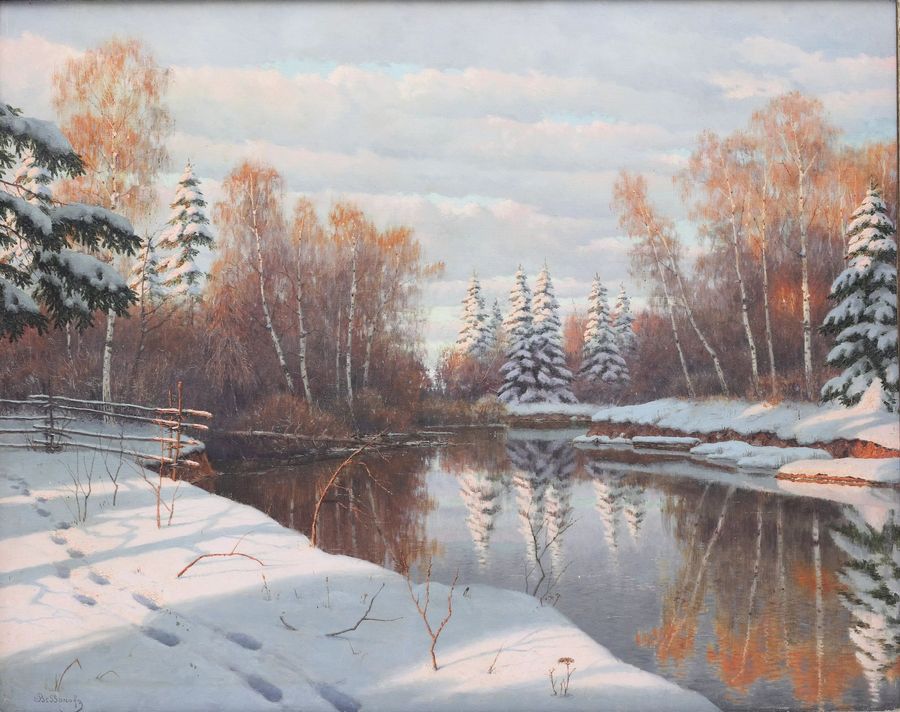 Antique Winter Landscape. River Bank in Winter. Boris Bessonov (1862-1934)