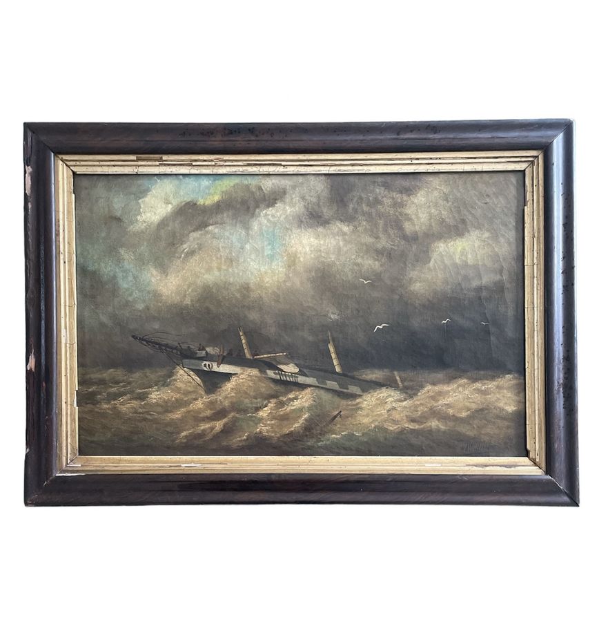 Antique German School, Oil on Canvas, Scene of a Shipwreck, Indistinctly Signed, Dated 1840.