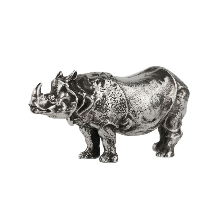 Antique Realistic silver figurine Rhinoceros. Italy, 20th century.