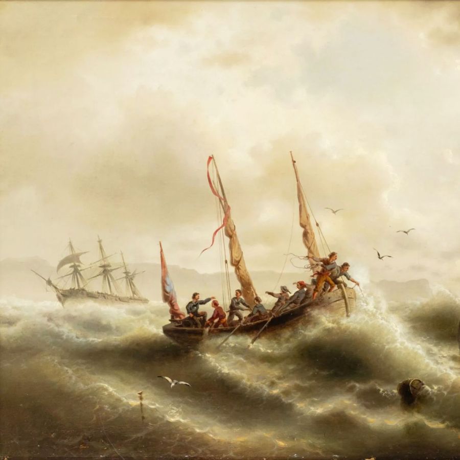 Antique Painting Rescue of the shipwrecked off the coast of Genoa. ALBERT RIEGER. 19th century.