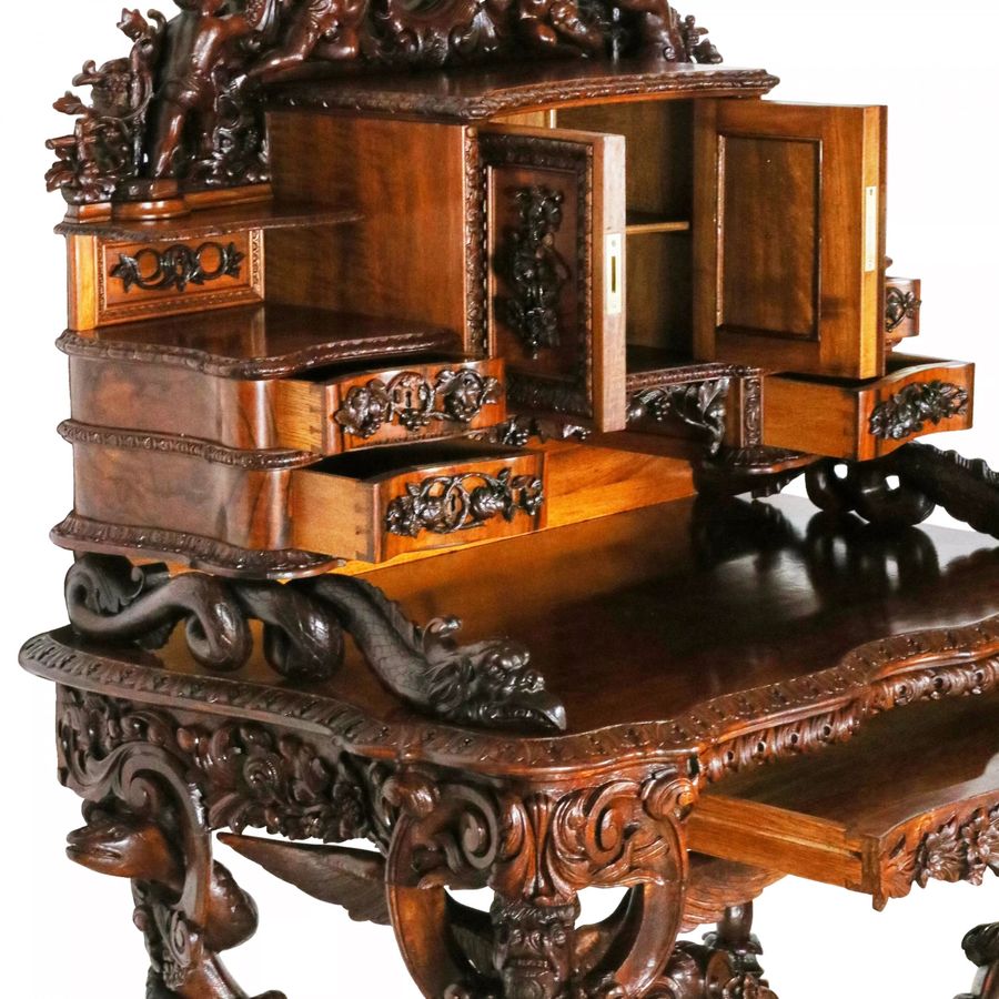 Antique Magnificent carved bureau table in the Baroque neo-Gothic style. France 19th century.