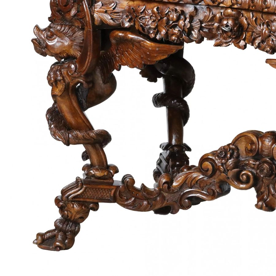 Antique Magnificent carved bureau table in the Baroque neo-Gothic style. France 19th century.