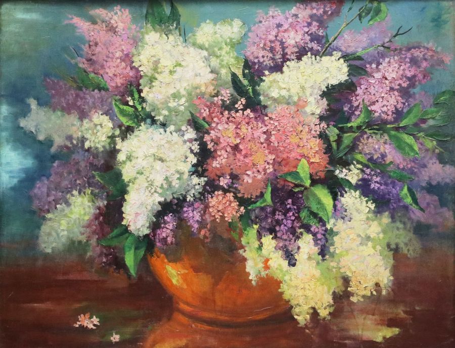 Antique Painting Bouquet of Lilacs. 1950s.