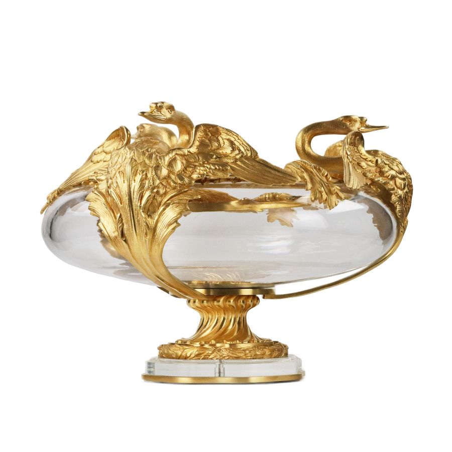 Antique Pair of round vases in cast glass and gilded bronze with swans motif. France 20th century.