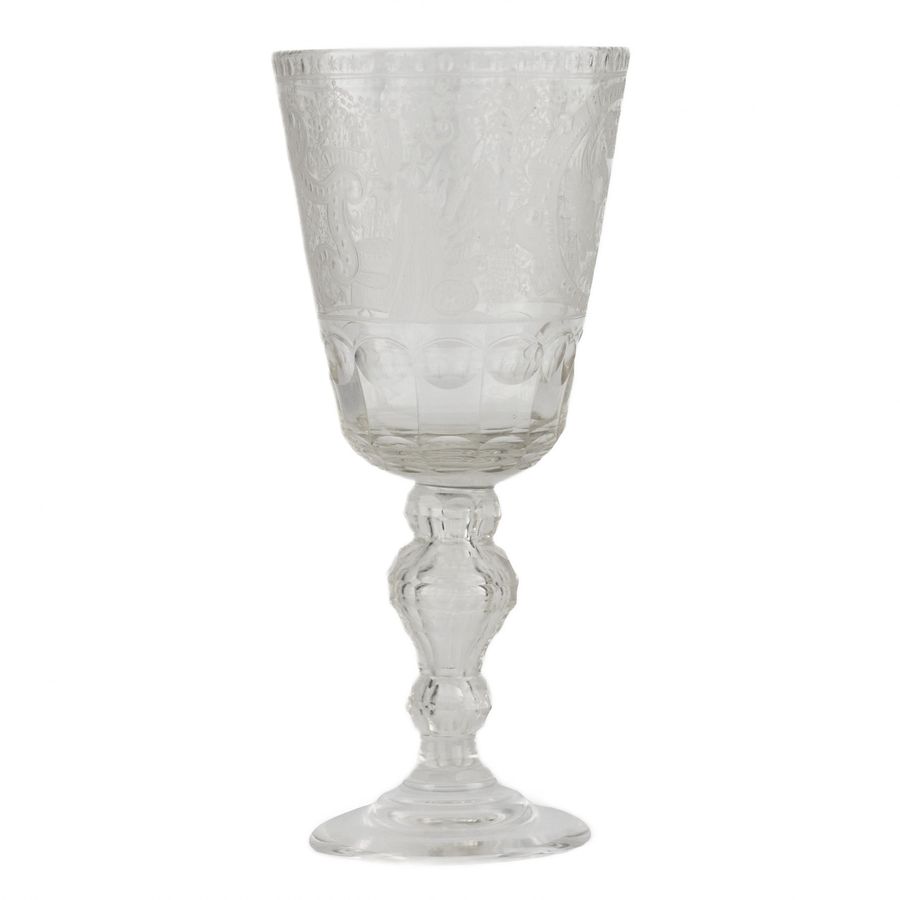 Antique A glass tray goblet with a monogram and a portrait of Elizaveta Petrovna. Russia.19th century.