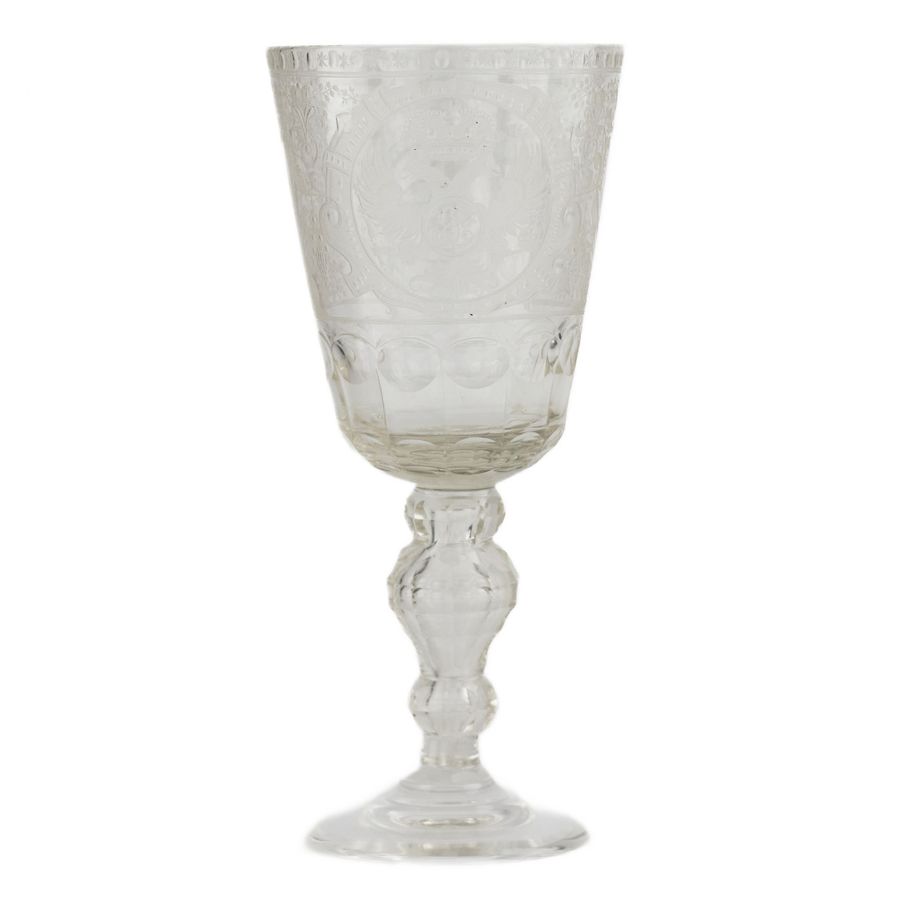 Antique A glass tray goblet with a monogram and a portrait of Elizaveta Petrovna. Russia.19th century.