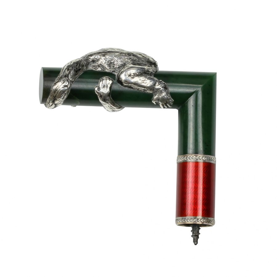 Antique A cane handle made of silver, guilloche enamel and jade. Faberge, Julius Rappaport.