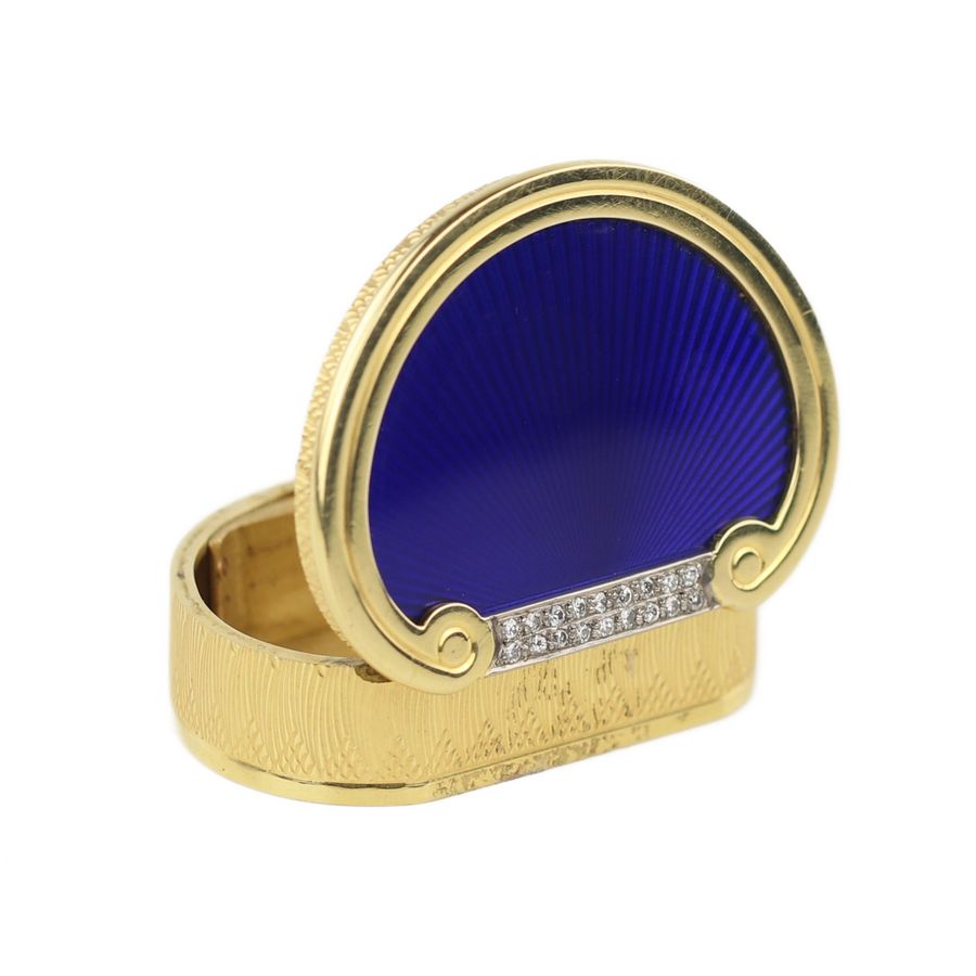 Antique 19th century English gold pill box with diamonds and guilloché enamel.