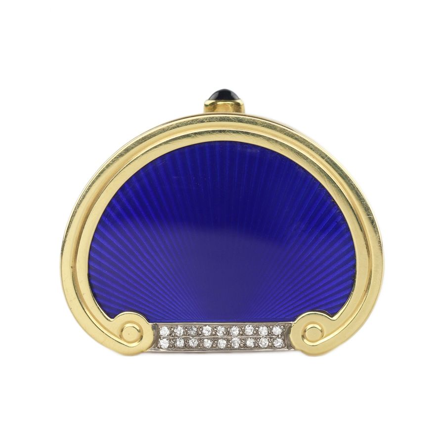 Antique 19th century English gold pill box with diamonds and guilloché enamel.