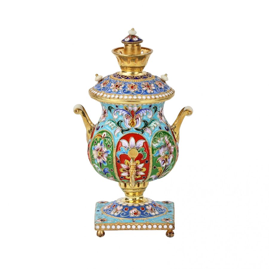 Antique Silver, gilded, with painted enamels samovar.