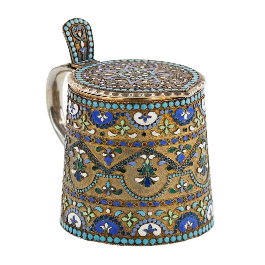 Antique Russian, silver cloisonné enamel mug in neo-Russian style. 20th century.