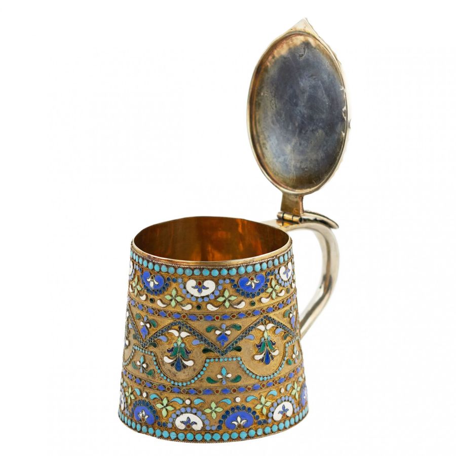 Antique Russian, silver cloisonné enamel mug in neo-Russian style. 20th century.