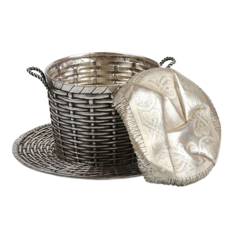 Antique Silver Russian jar is made in the form of a traditional basket. Girshi Lizerin. Moscow 1894