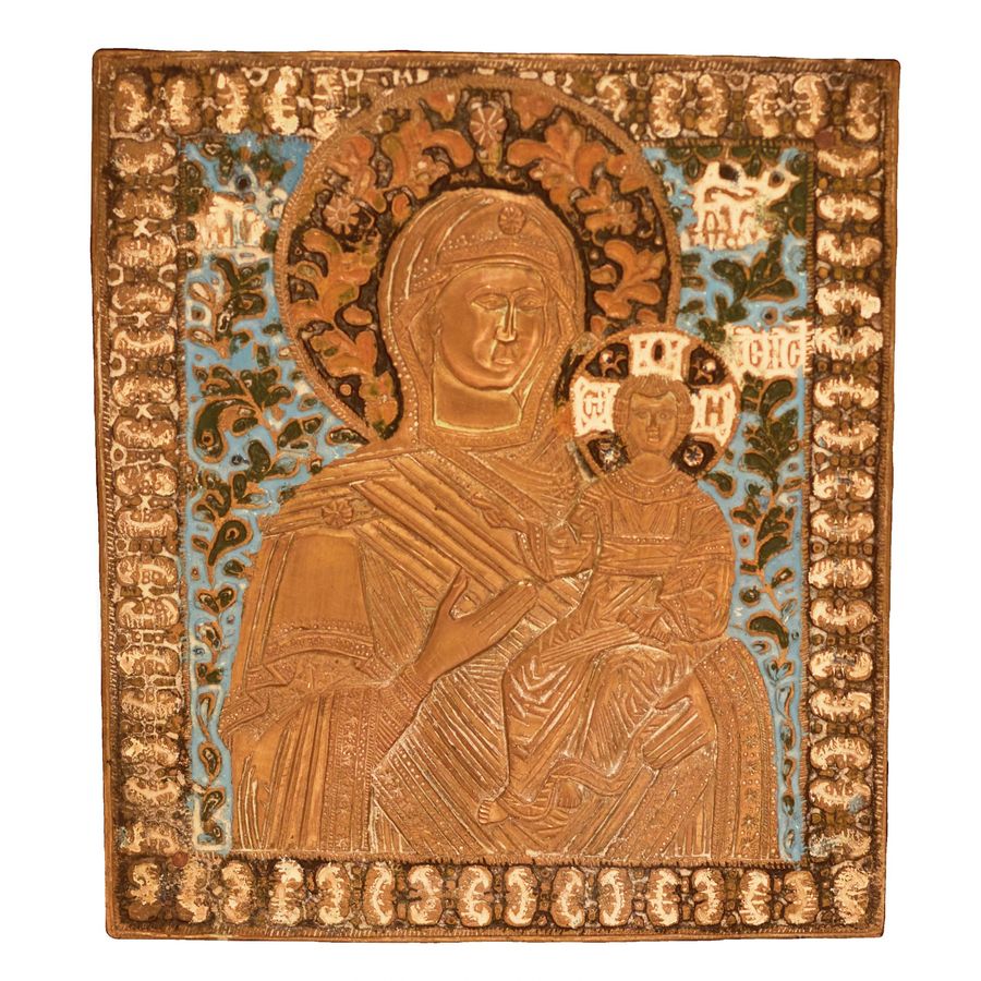 Antique Large, copper-cast icon of the Smolensk Mother of God, with five enamels, in an icon case. Russia. 19th century.