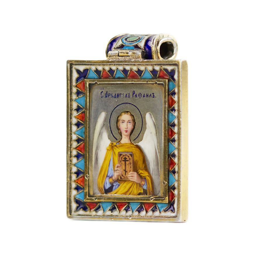 Antique Russian, silver icon of the Archangel Raphael, painted and cloisonné enamels. Late 19th century.