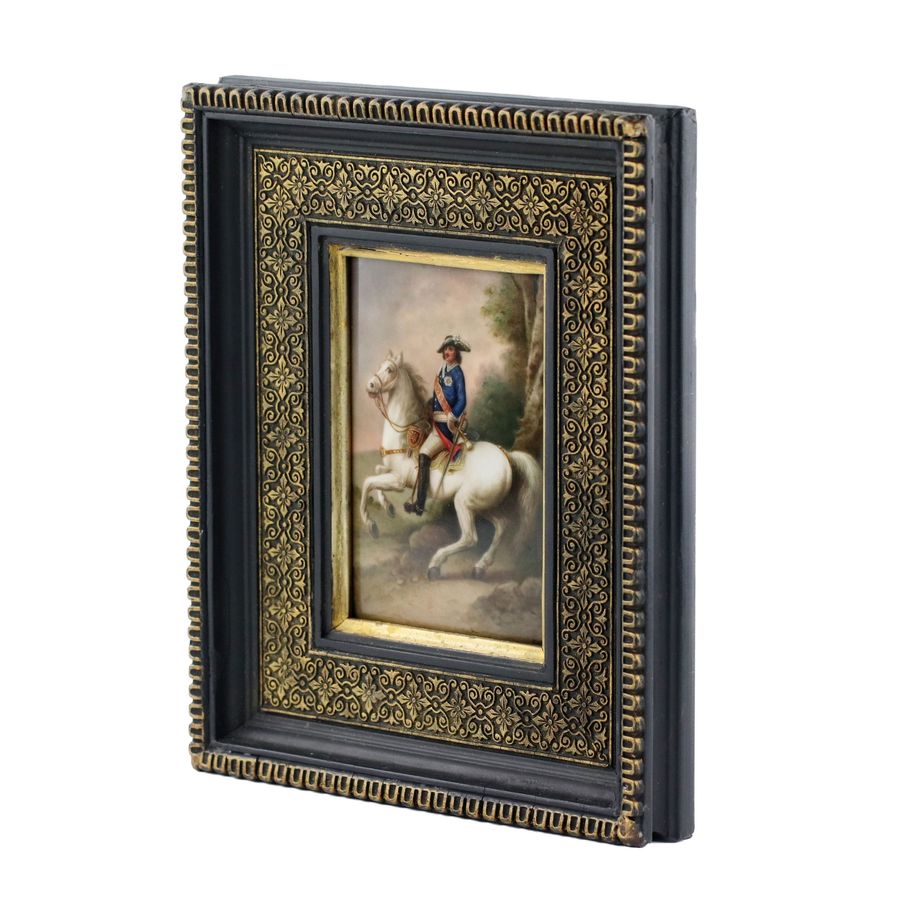 Antique Porcelain plaque. Portrait of the equestrian monarch Peter the Great. 19th century.