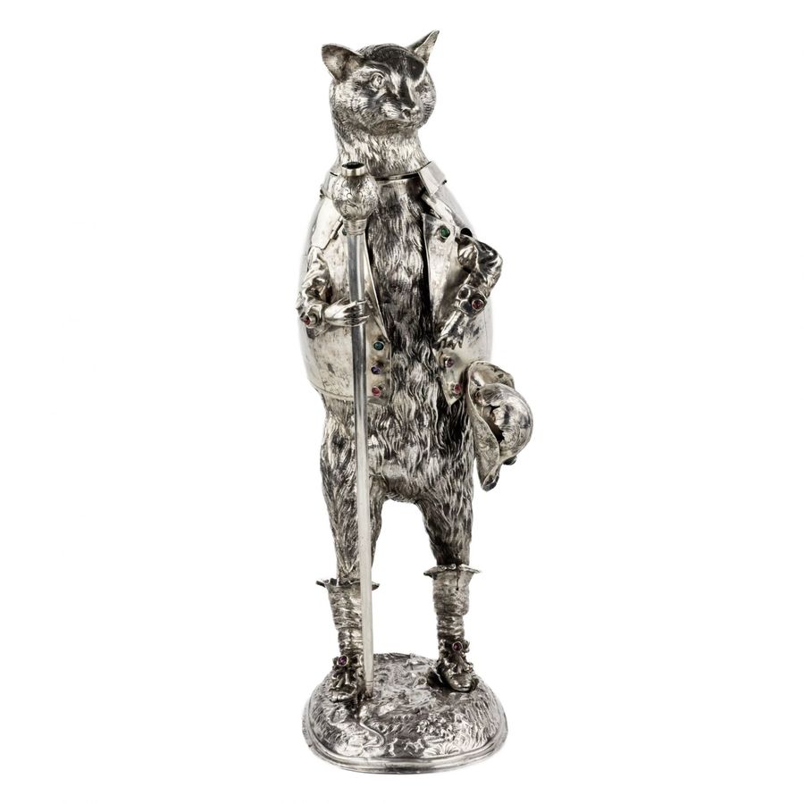 Antique Catchy and ironic silver figure Cat in Boots. Günther Grungessel. Hannau. 1883