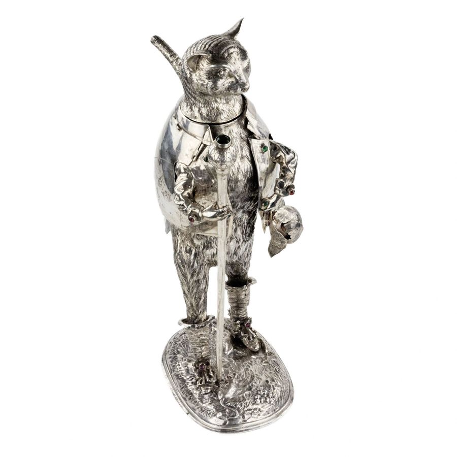 Antique Catchy and ironic silver figure Cat in Boots. Günther Grungessel. Hannau. 1883