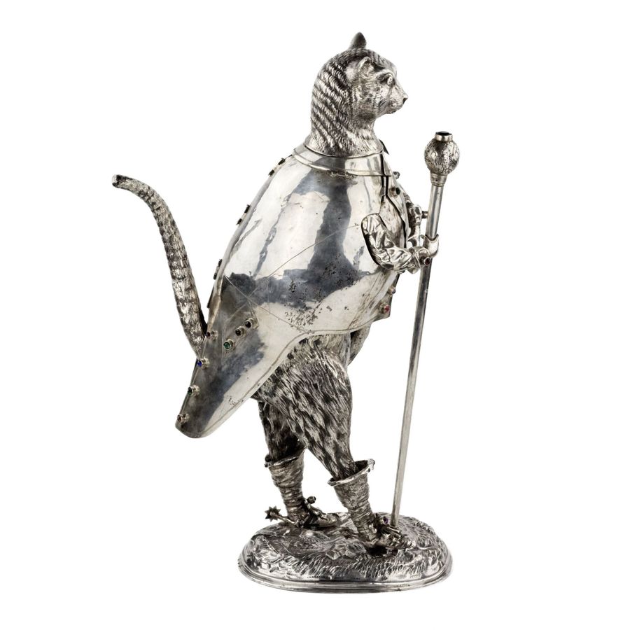 Antique Catchy and ironic silver figure Cat in Boots. Günther Grungessel. Hannau. 1883