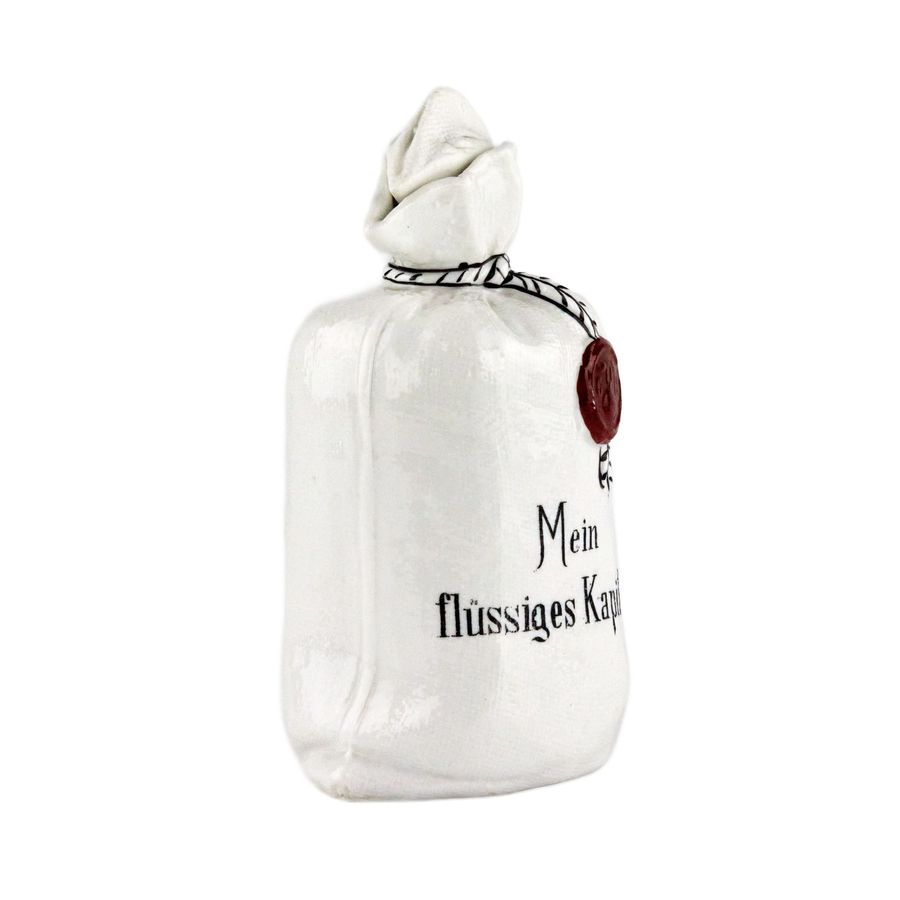 Antique Porcelain bottle Mein flüssiges Kapital, in the shape of a canvas money bag.