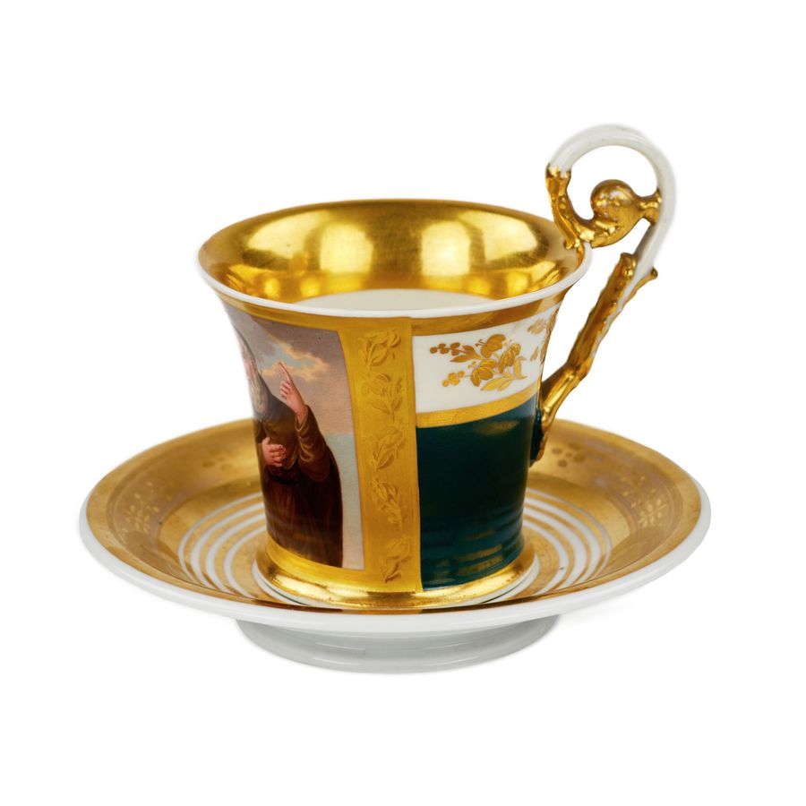 Antique Painted cup and saucer from the Biedermeier period.