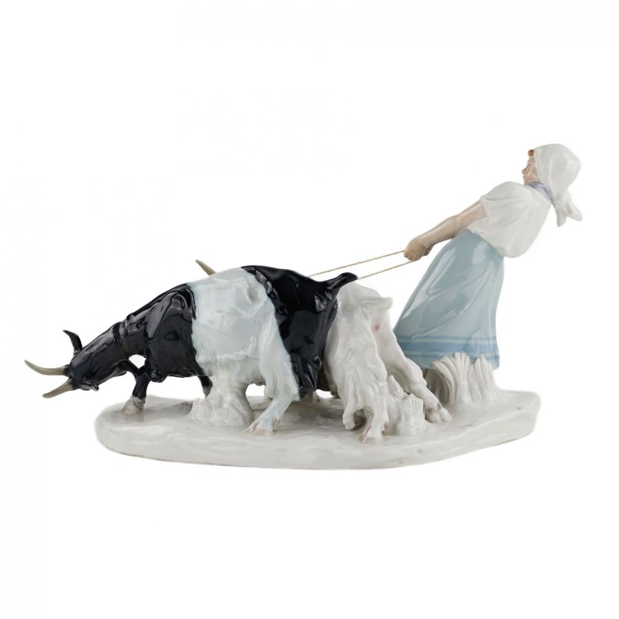 Antique Porcelain composition Shepherdess with goats. Pilz, Otto. Meissen. 1850-1924.