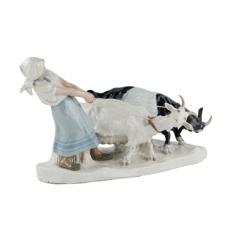 Antique Porcelain composition Shepherdess with goats. Pilz, Otto. Meissen. 1850-1924.