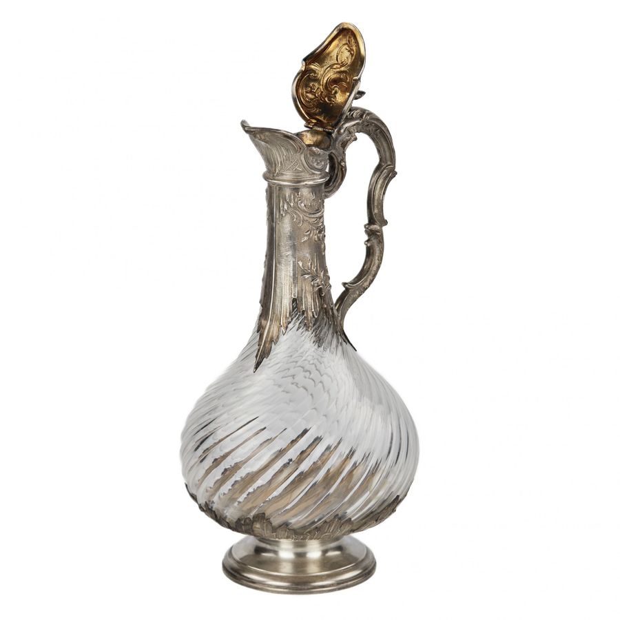 Antique French fluted glass wine jug in silver in the style of Louis XV, late 19th century.