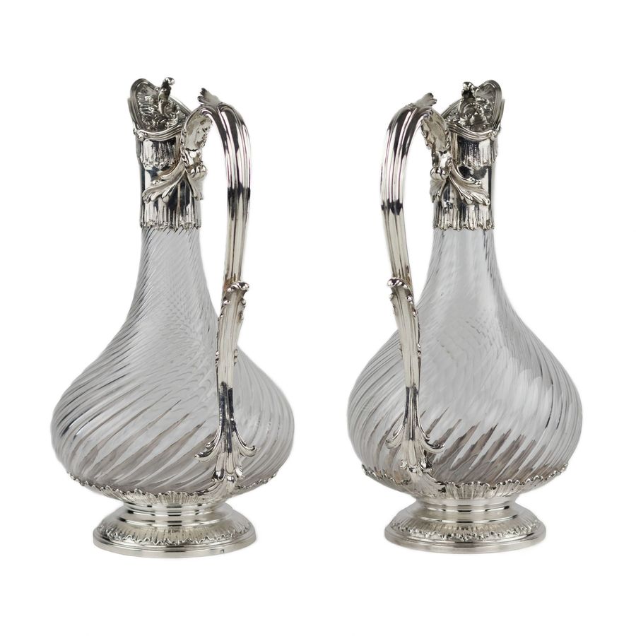 Antique Pair of French, spiral glass wine jugs with silver. Late 19th century.