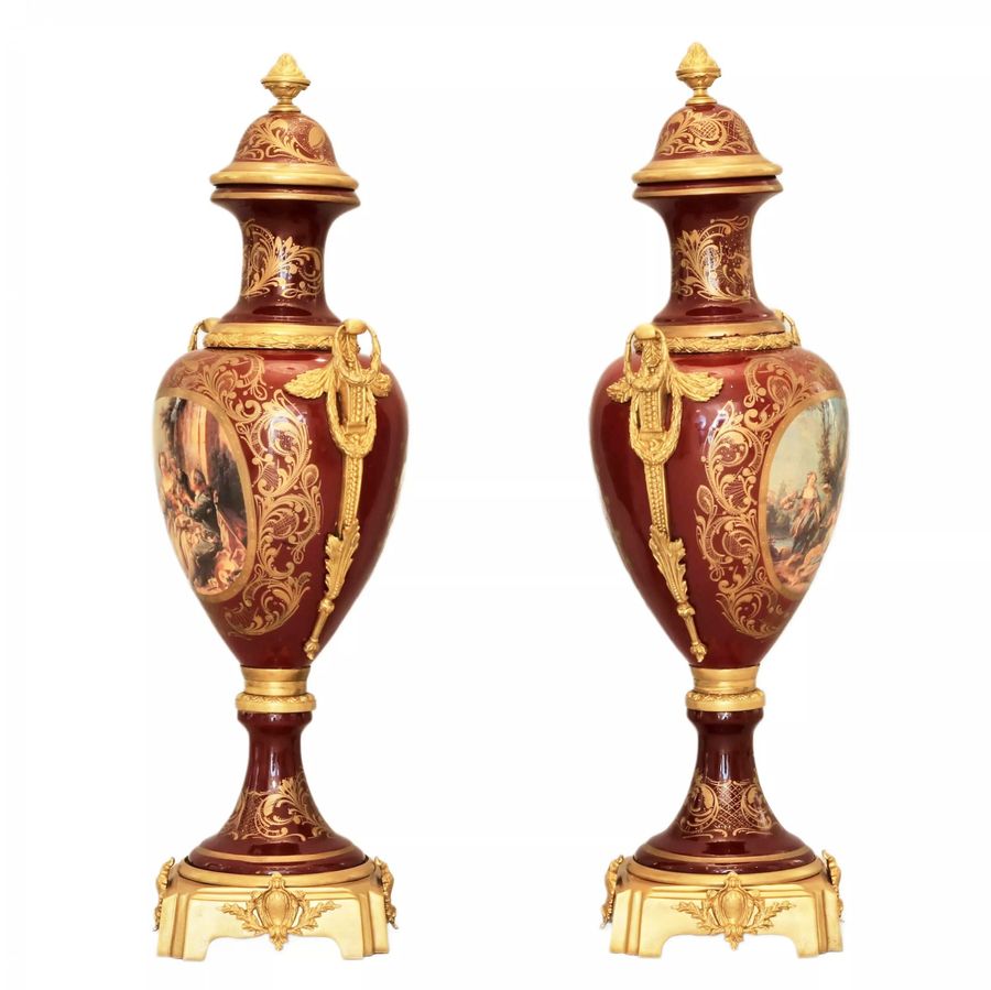 Antique Pair of porcelain floor vases with gilt bronze in the Louis XVI style. France. 1920 th century.