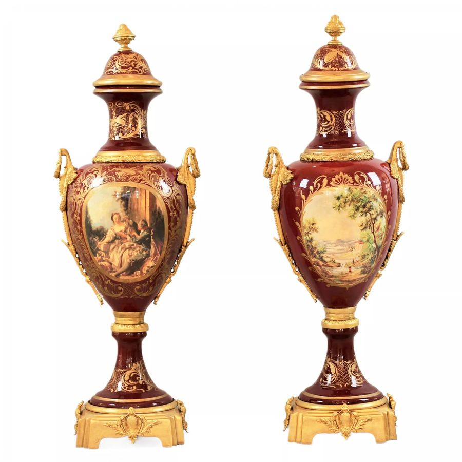 Antique Pair of porcelain floor vases with gilt bronze in the Louis XVI style. France. 1920 th century.