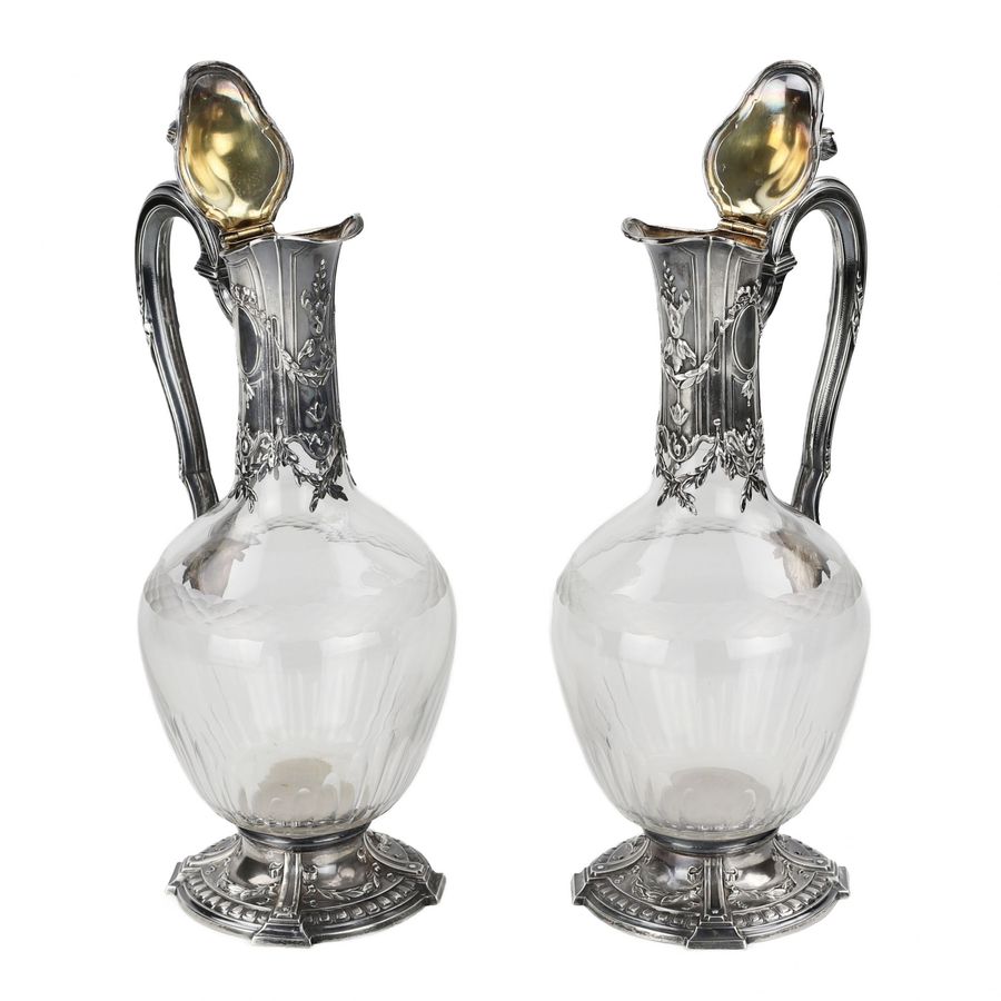 Antique Pair of French glass wine jugs in silver. 19th century.