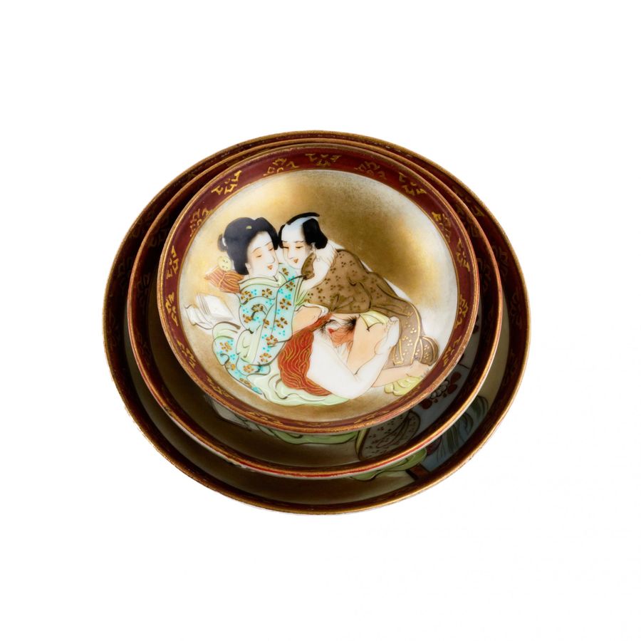 Antique Three Japanese plates with erotic themes.