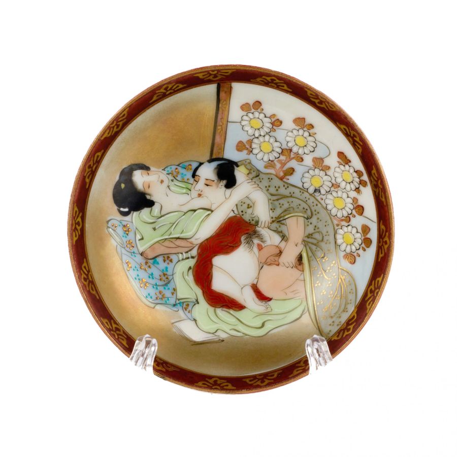 Antique Three Japanese plates with erotic themes.