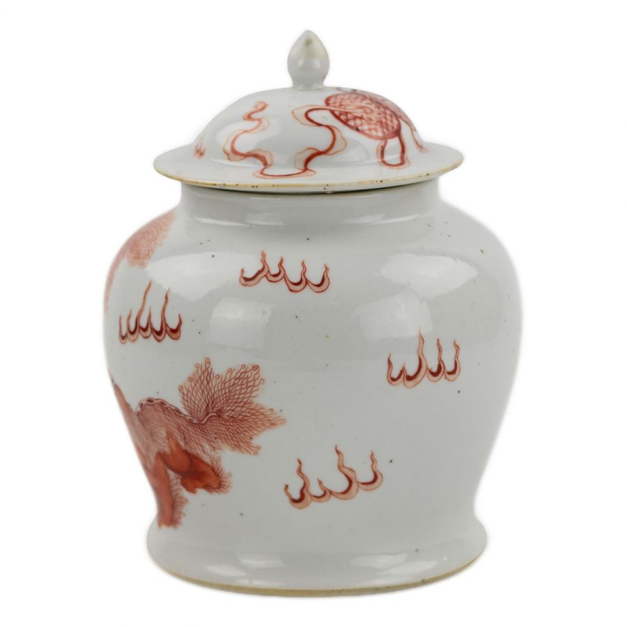 Antique Chinese Porcelain Vase, painted “iron red” overglaze dog Fo. Possibly Kangxi period.