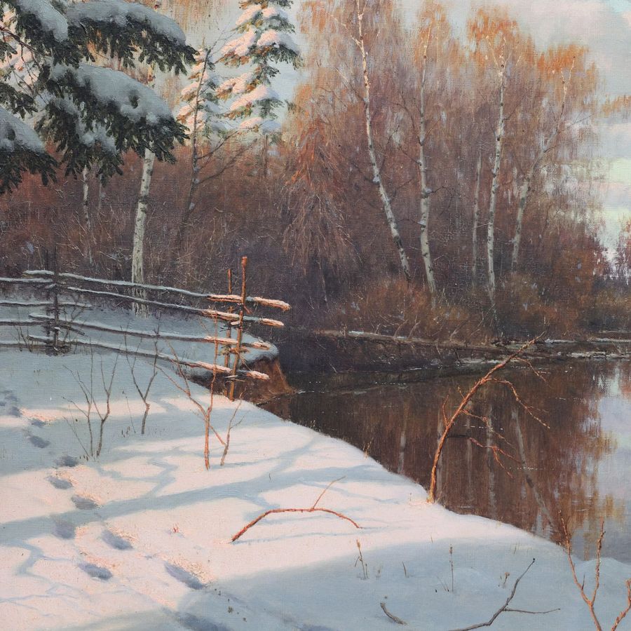 Antique Winter Landscape. River Bank in Winter. Boris Bessonov (1862-1934)