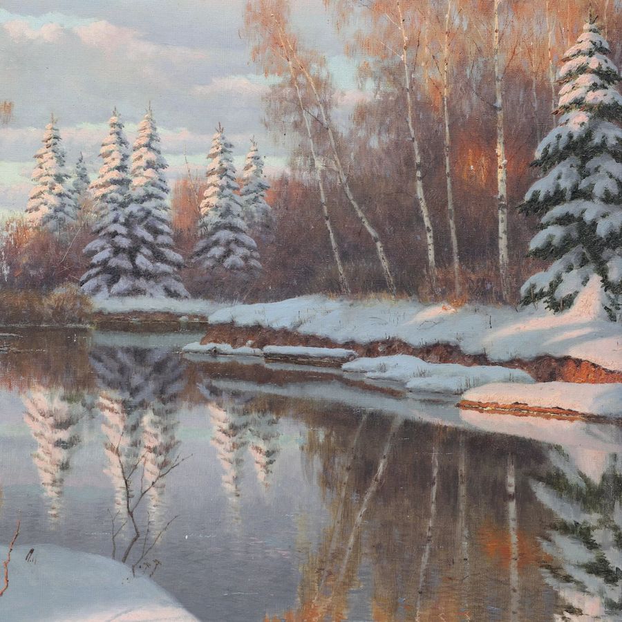 Antique Winter Landscape. River Bank in Winter. Boris Bessonov (1862-1934)