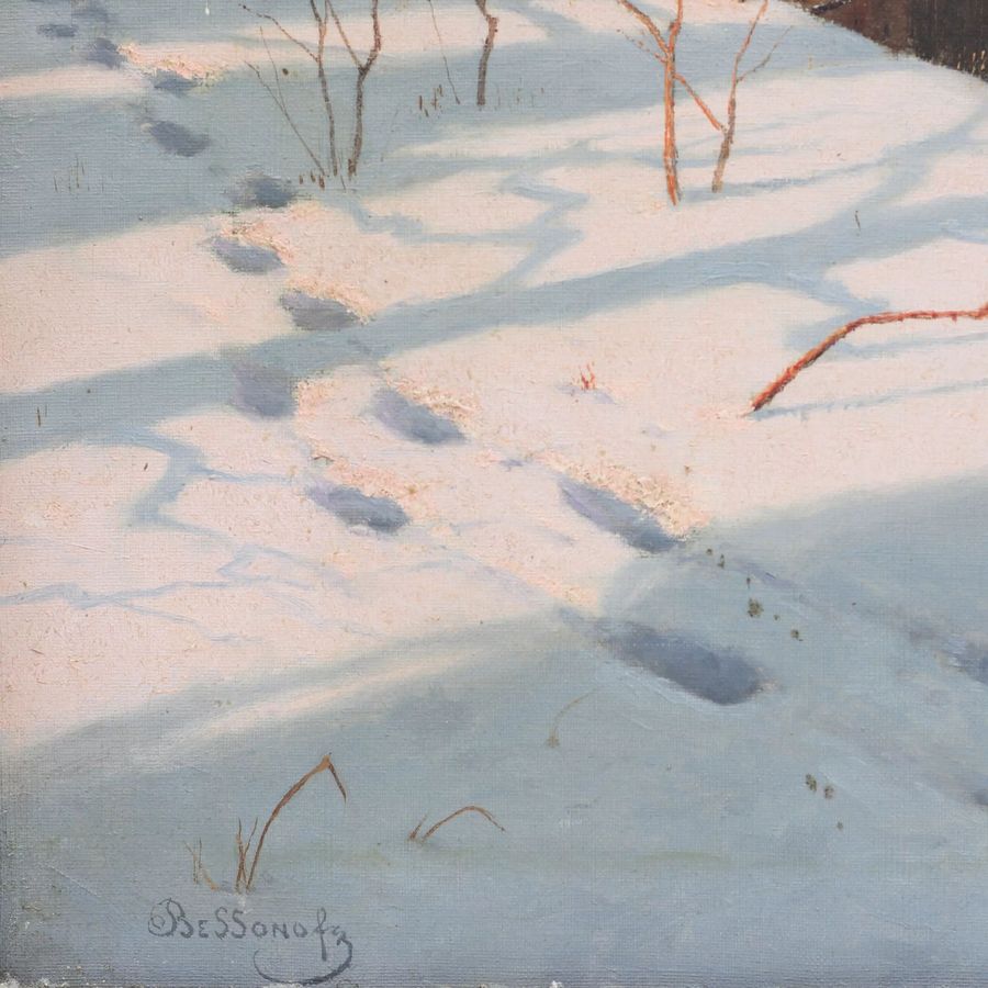 Antique Winter Landscape. River Bank in Winter. Boris Bessonov (1862-1934)