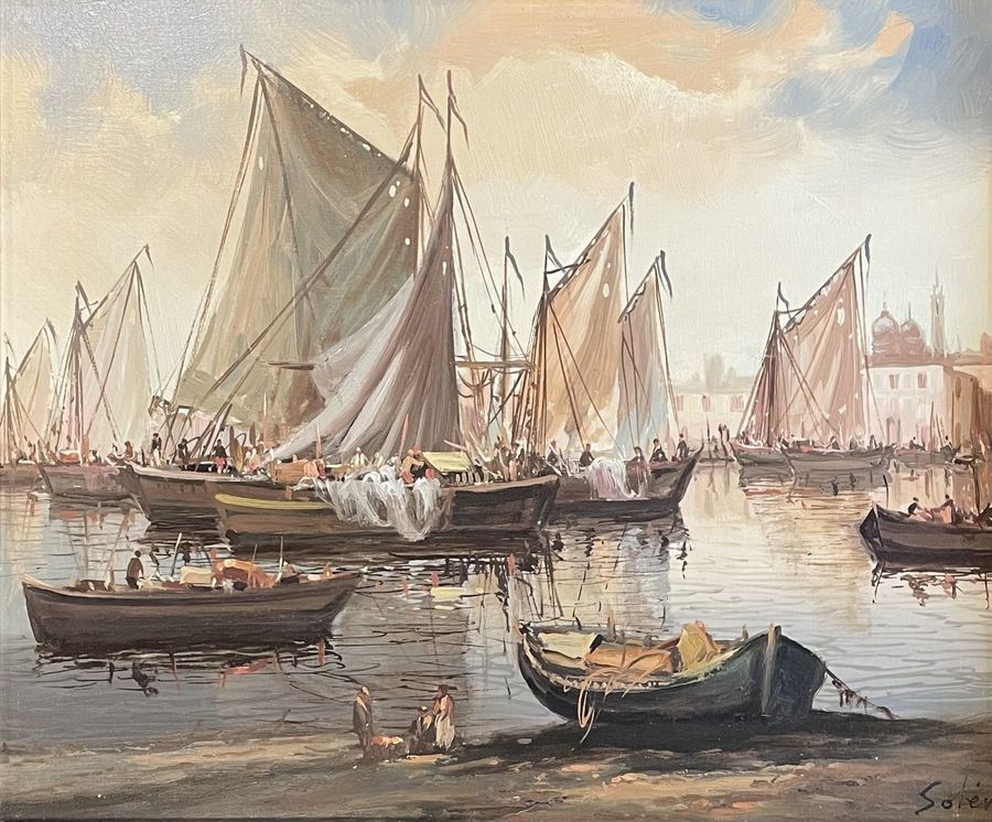 Antique Sailing Boats in Harbor, Oil on Canvas, Mid-20th Century