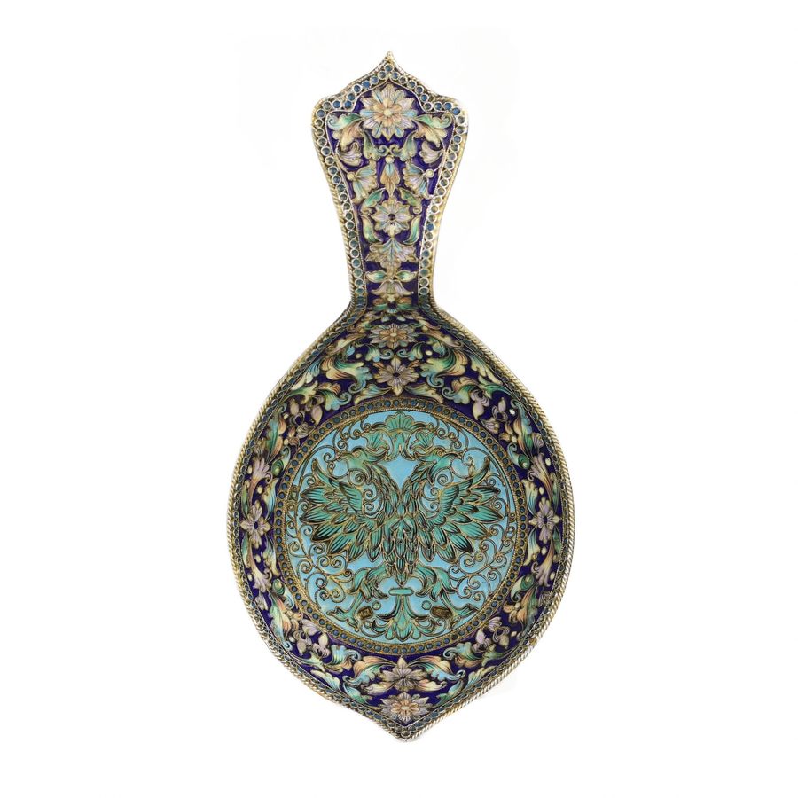 Antique Silver ladle with enamel. St. Petersburg, last quarter of the 19th century.