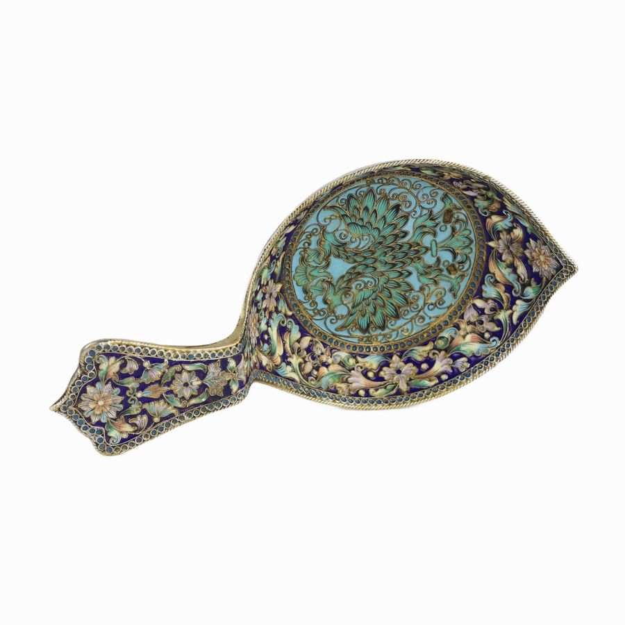 Antique Silver ladle with enamel. St. Petersburg, last quarter of the 19th century.